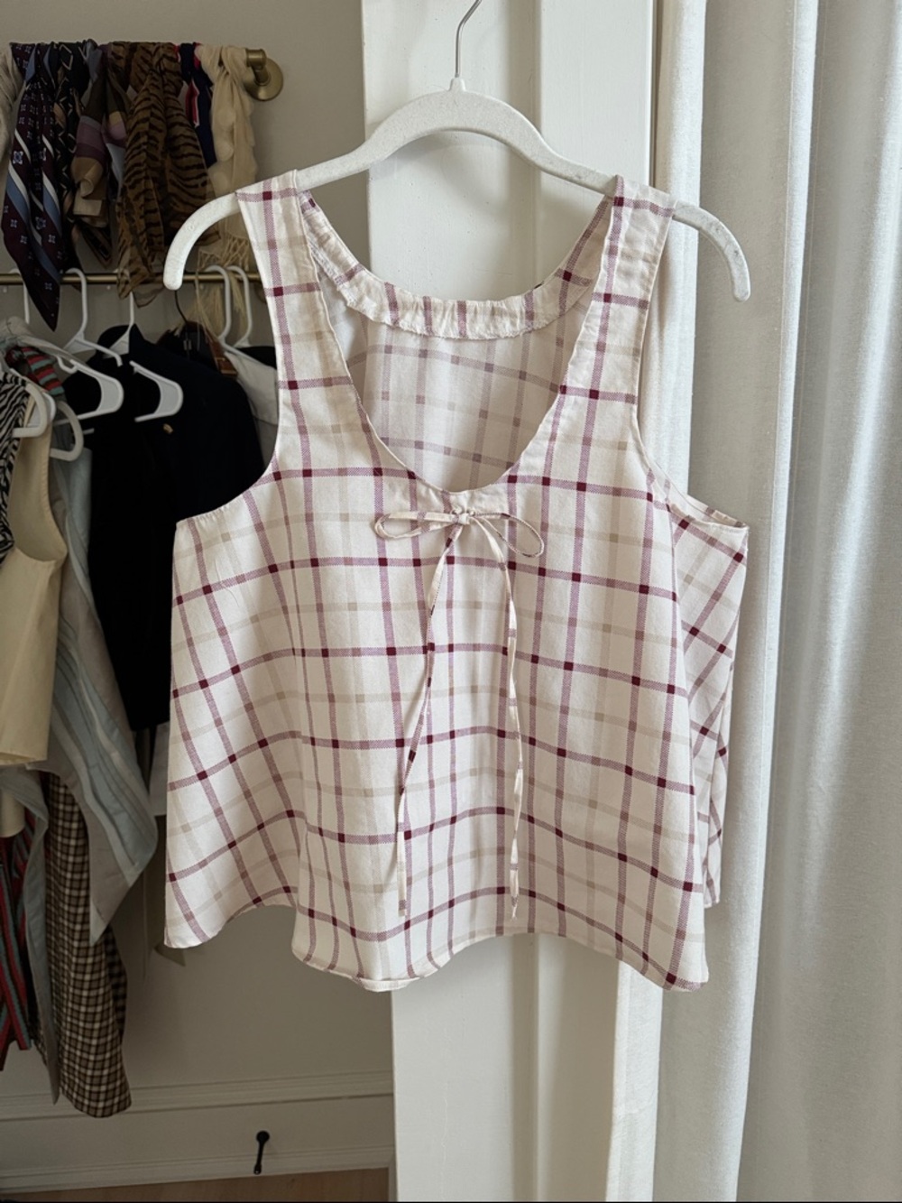 Handmade Cotton Summer Plaid Tie-Front Sleeveless Blouse